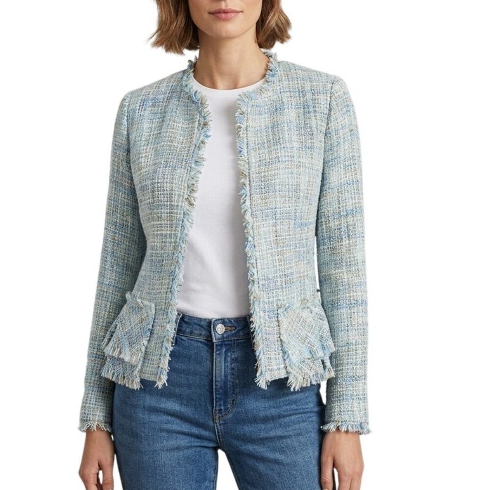 CYNTHIA ROWLEY Light Blue Tweed Fringe Blazer Large Jacket Open Front Peplum